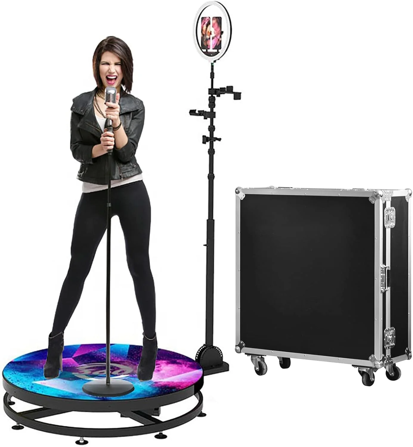 دستگاه اتاقک عکس 360 درجه TEHONGMAI، اتاقک سلفی چرخشی دوربین و ویدیو، پلتفرم چرخان اتوماتیک با نور حلقه ای برای ایستادن افراد، مهمانی ها، عروسی