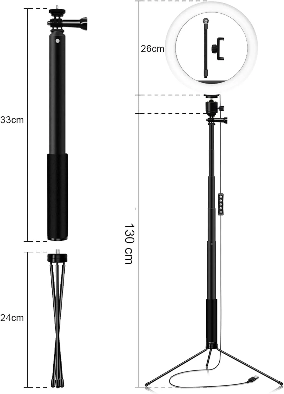 نور ال ای دی RGB سلفی 10 اینچی با پایه سه پایه و نگهدارنده تلفن همراه، مجموعه نور ال ای دی دیمر پذیر برای عکاسی و پخش زنده نور ال ای دی RGB سلفی 10 اینچی با پایه سه پایه و نگهدارنده تلفن همراه، مجموعه نور ال ای دی دیمر پذیر برای عکاسی و پخش زنده