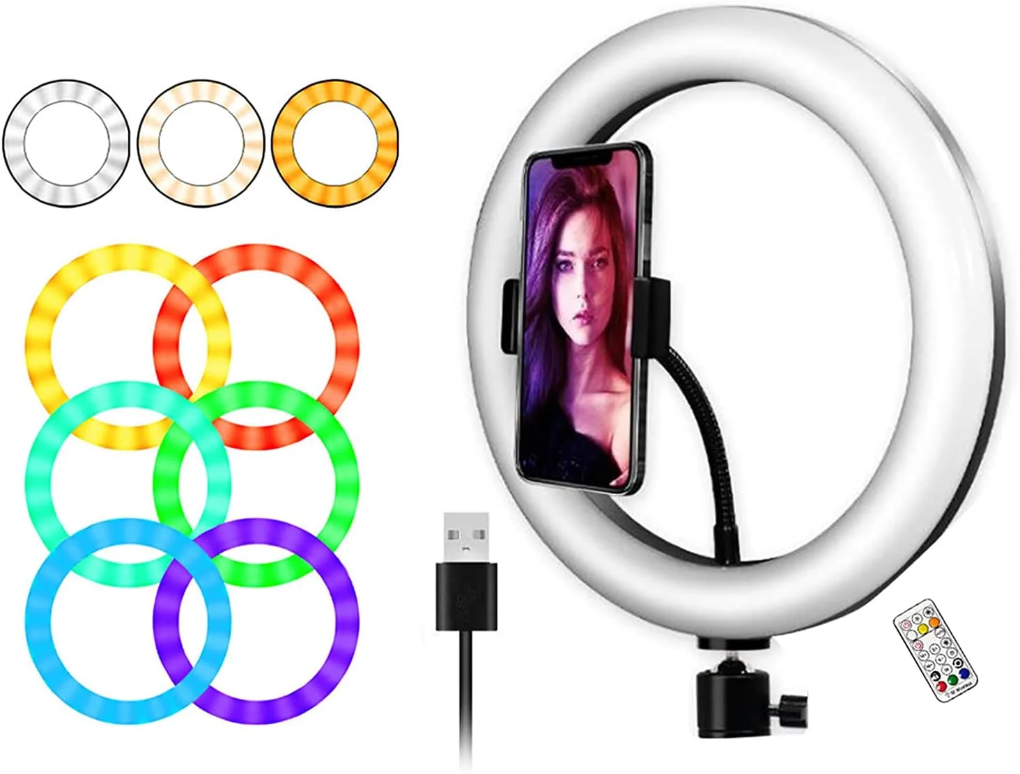 چراغ عکاسی OUNA، چراغ LED RGB 10 اینچی، کیت نورپردازی رینگ لایت با رنگ های قابل تنظیم، دمای رنگ و روشنایی برای آرایش، پخش زنده، فیلمبرداری ویدئویی، سلفی و عکاسی خلاقانه