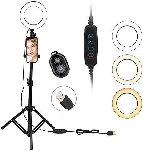 حلقه نور ال ای دی با کابل USB، حلقه نور سلفی 6 اینچی با پایه سه پایه + نگهدارنده تلفن + کنترل از راه دور برای آرایش، 3 حالت نور قابل تنظیم برای ویدیوهای یوتیوب، پخش زنده، آرایش، عکاسی سلفی