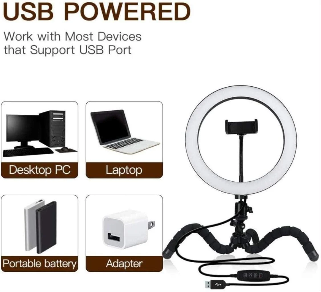 حلقه نور ال ای دی 26 سانتی متری Samnuerly با قابلیت تنظیم نور به همراه پایه و نگهدارنده تلفن، کیت نورپردازی عکس و فیلم دوربین، حلقه نور استودیوی عکاسی پخش زنده برای ویدیوهای یوتیوب، آرایش، سلفی، سه پایه مشکی