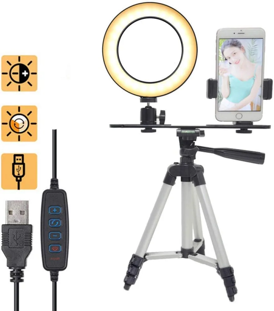 حلقه نور ال ای دی 6 اینچی با پایه سه پایه تلفن برای ویدیو و آرایش، چراغ فلاش سلفی استیک ال ای دی، لامپ سه پایه رومیزی با 3 حالت نور و 10 سطح روشنایی