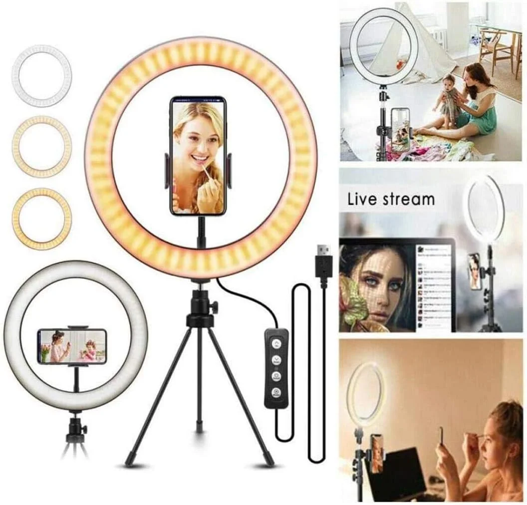 حلقه نور با پایه و نگهدارنده تلفن، چراغ های زیبایی زنده با قابلیت تنظیم نور، حلقه نور ال ای دی، نور ویدئویی عکس استودیویی رابط USB با پایه سه پایه