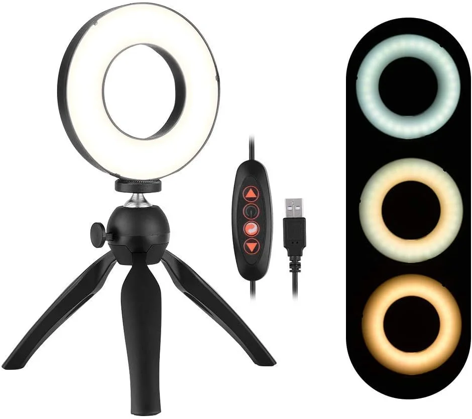 حلقه نور ال ای دی 6.2 اینچی با پایه سه پایه و نگهدارنده انعطاف پذیر تلفن، حلقه نور سلفی آرایشی رومیزی با 3 حالت نور قابل تنظیم و 11 سطح روشنایی