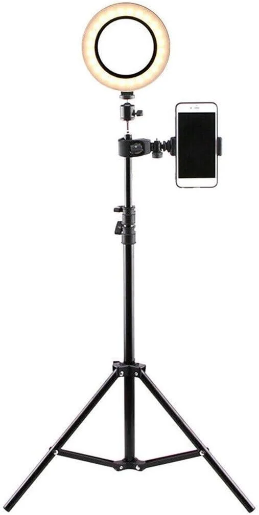 حلقه نور سلفی 6 اینچی با پایه سه پایه و نگهدارنده تلفن برای پخش زنده/آرایش، حلقه نور زیبایی دوربین ال ای دی قابل تنظیم، سه رنگ قابل تنظیم