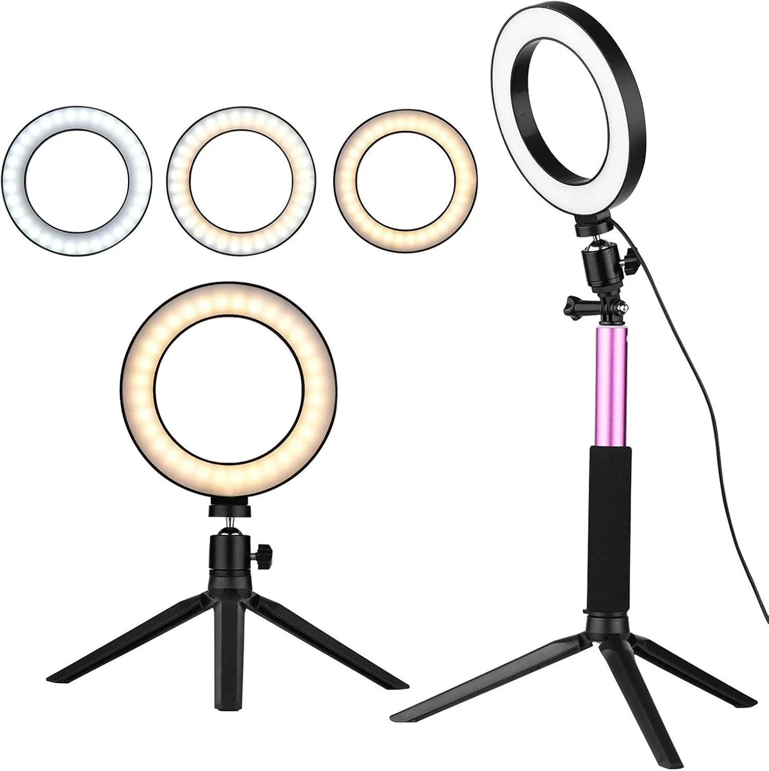 حلقه نور ال ای دی 6 اینچی با قابلیت تنظیم نور، 3 حالت نورپردازی، تغذیه از طریق USB به همراه پایه تلسکوپی، سه پایه و هد توپی برای پخش زنده و آرایش (صورتی، 6 اینچ)