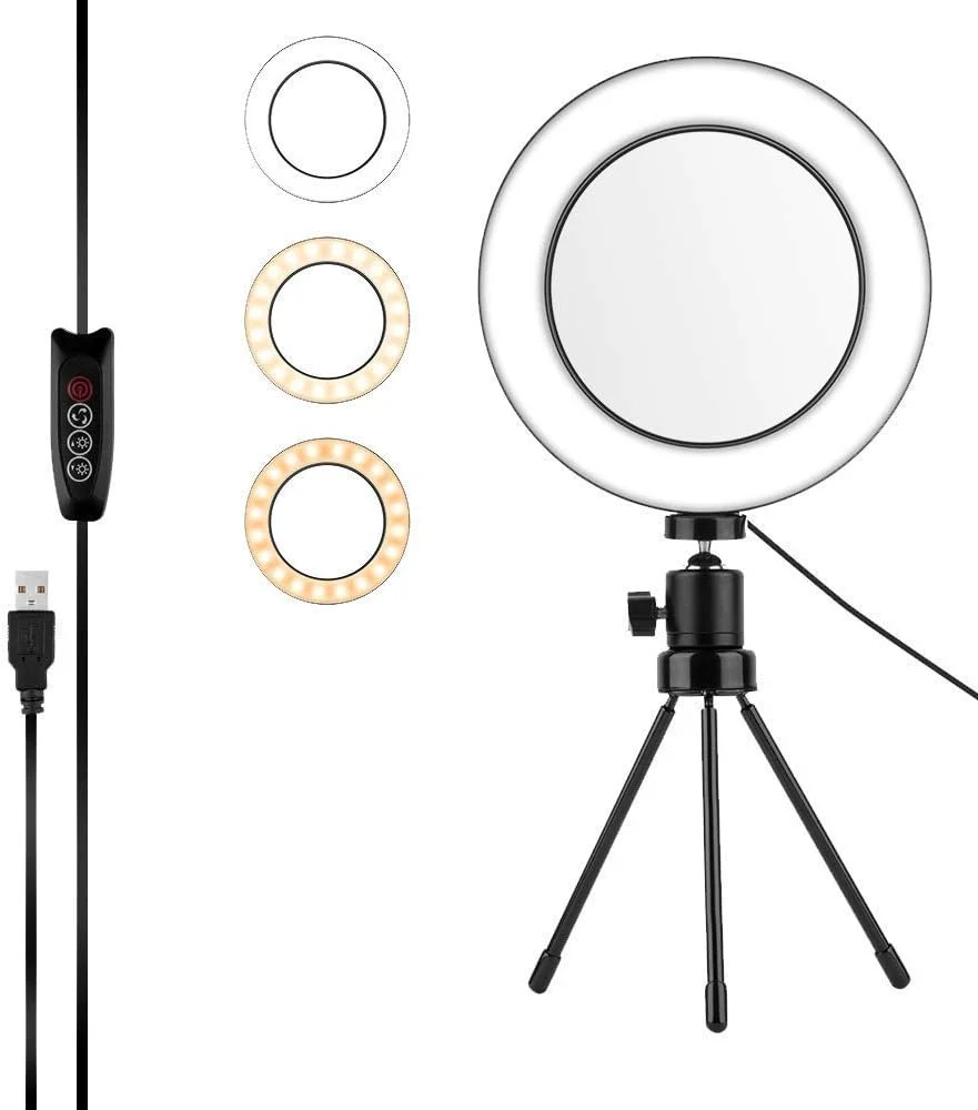 نور حلقه ای 6.2 اینچی با پایه سه پایه قابل تنظیم، نور حلقه ای رومیزی با قابلیت تنظیم نور با 3 حالت نور و 10 سطح روشنایی برای پخش زنده، آرایش، ویدیوهای یوتیوب