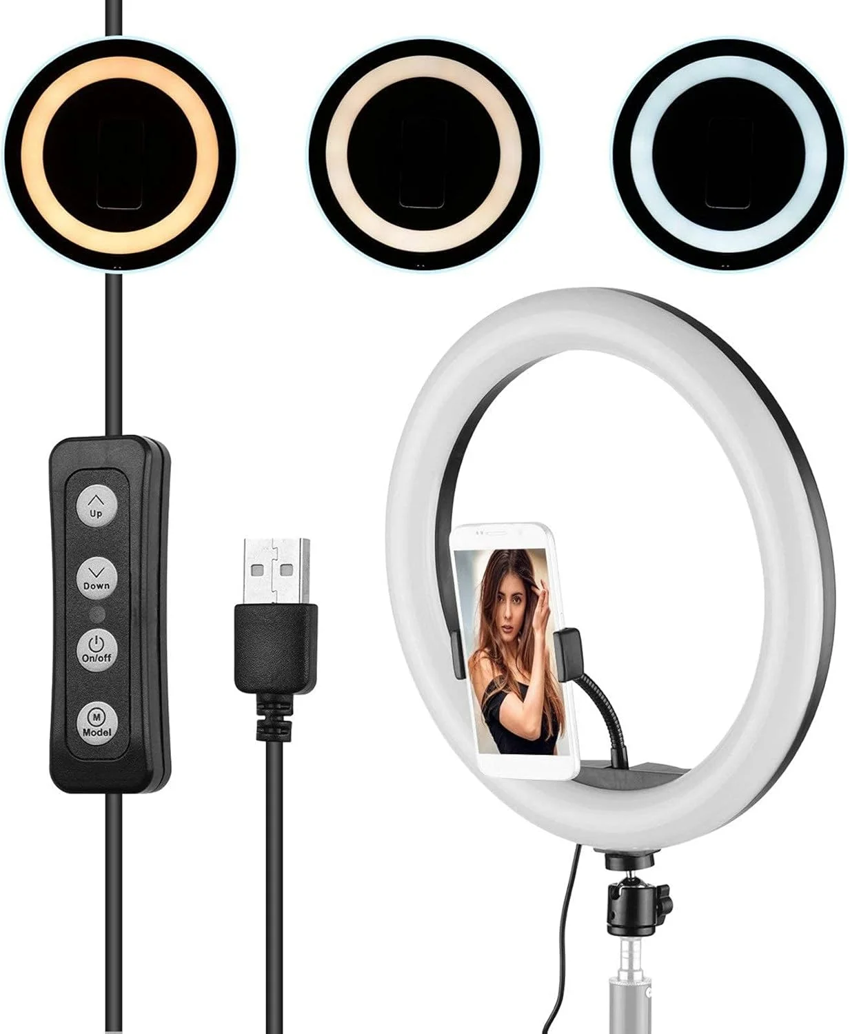 حلقه نور ال ای دی 13 اینچی 10 واتی با قابلیت تنظیم نور 2700-5500K به همراه هولدر موبایل و سر توپی مناسب برای پخش زنده و آرایش (مشکی، 13 اینچ)