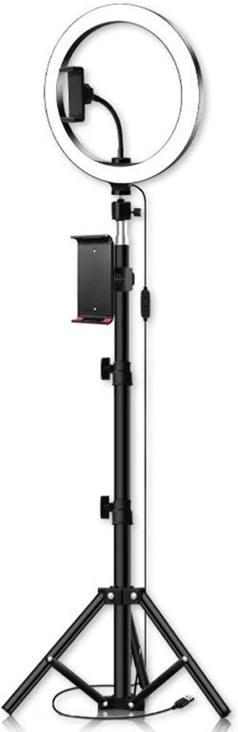 حلقه نور ال ای دی 10 اینچی با سه پایه و نگهدارنده تلفن، 3 رنگ و 10 سطح روشنایی قابل تنظیم، دمای رنگ 3200-5600K برای پخش زنده و آرایش (مشکی، 10 اینچ)