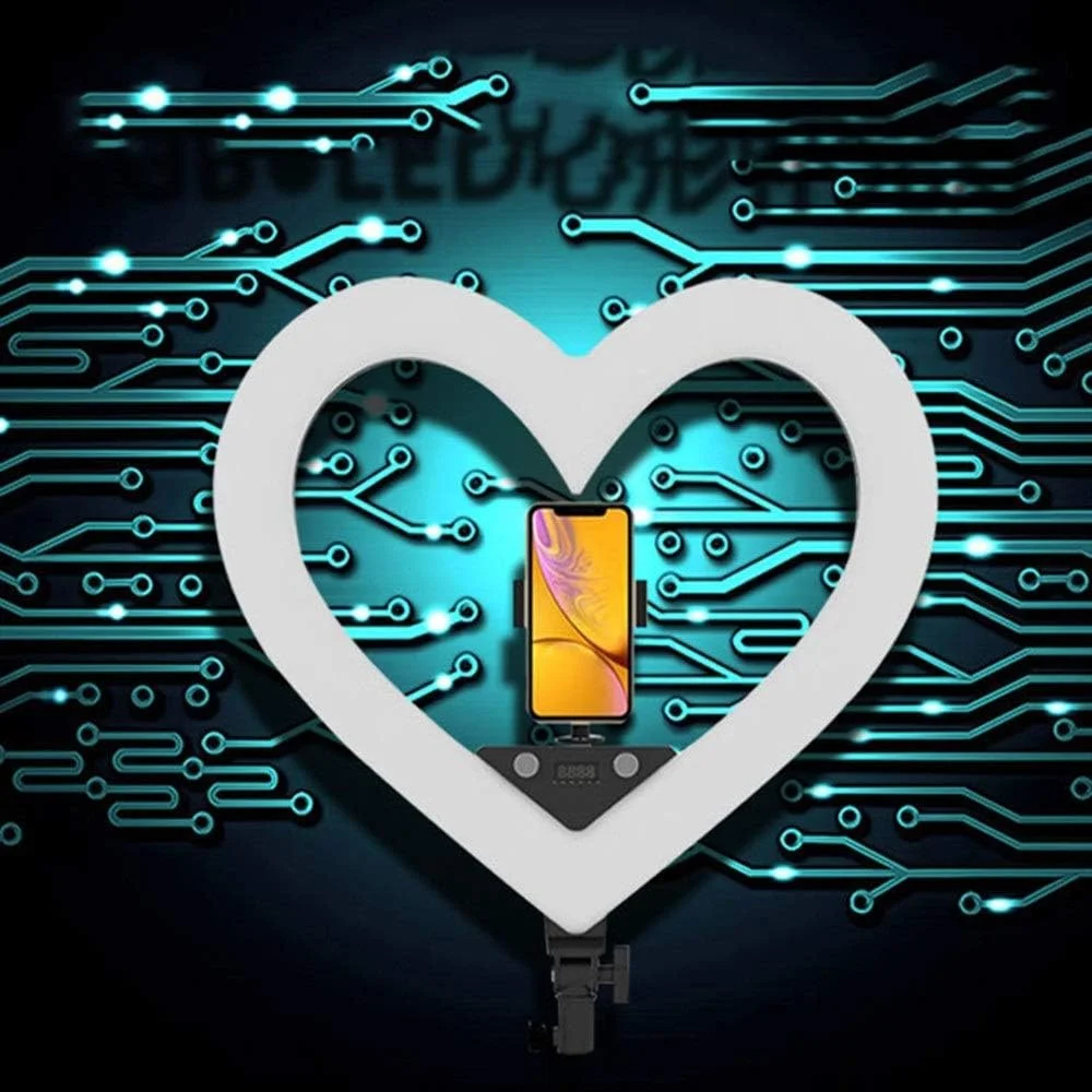 نور حلقه ای قلبی شکل با نمایشگر دیجیتال + شارژ USB + نور پر کننده حلقه ای LED رنگی RGB6 جدید 18 اینچی برای لایو استریم موبایل، پرتره، ویدیو و آرایش (مشکی، 55x15x54 سانتی متر)