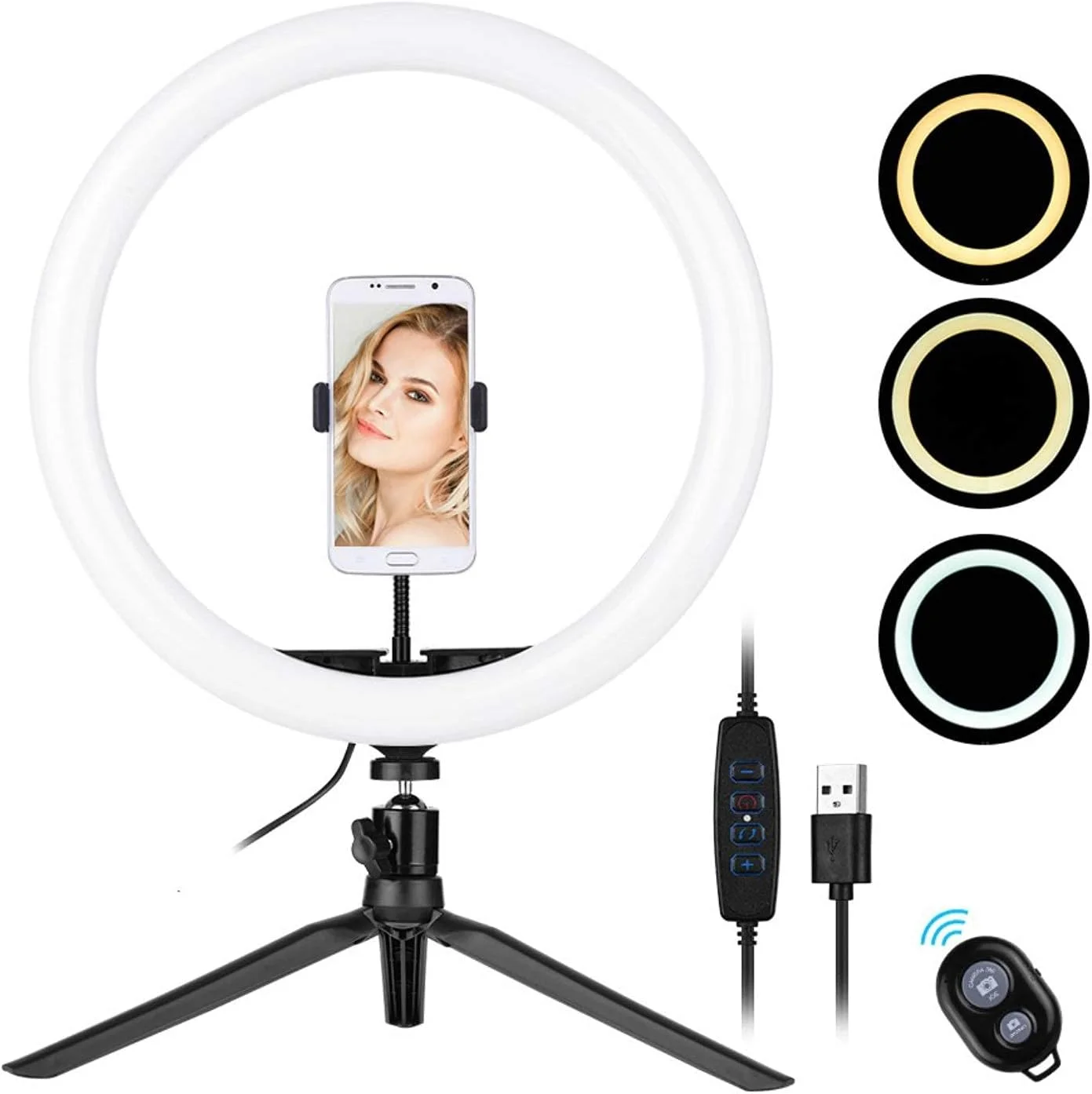 حلقه نور ال ای دی 12 اینچی با قابلیت تنظیم نور 5600-8200K، سه رنگ با سه پایه، نگهدارنده تلفن و شاتر از راه دور برای پخش زنده و آرایش (مشکی، 12 اینچ)