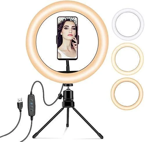 حلقه نور رومیزی با نگهدارنده تلفن همراه، مناسب برای آرایش، پخش زنده، یوتیوب، تیک تاک، ولاگ و عکاسی، شارژ از طریق USB، مناسب برای آرایش، پخش زنده، یوتیوب، تیک تاک، ولاگ و عکاسی