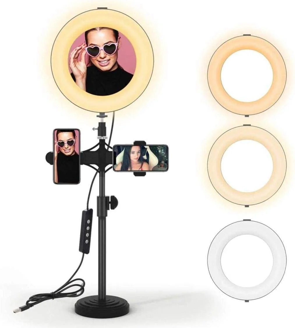 حلقه نور 3 LED Samnuerly با پایه و نگهدارنده تلفن، حالت ها قابل تنظیم با لامپ سلفی 8 واتی چند دوربینه برای تلفن هوشمند، چرخش 360 درجه