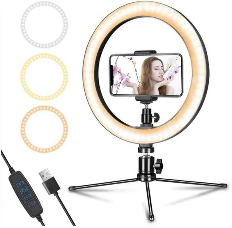 حلقه نور ال ای دی کوچک دوربین، حلقه نور ال ای دی 10 اینچی USB با سه پایه و نگهدارنده تلفن، مناسب برای سلفی، آرایش، عکاسی و فیلمبرداری