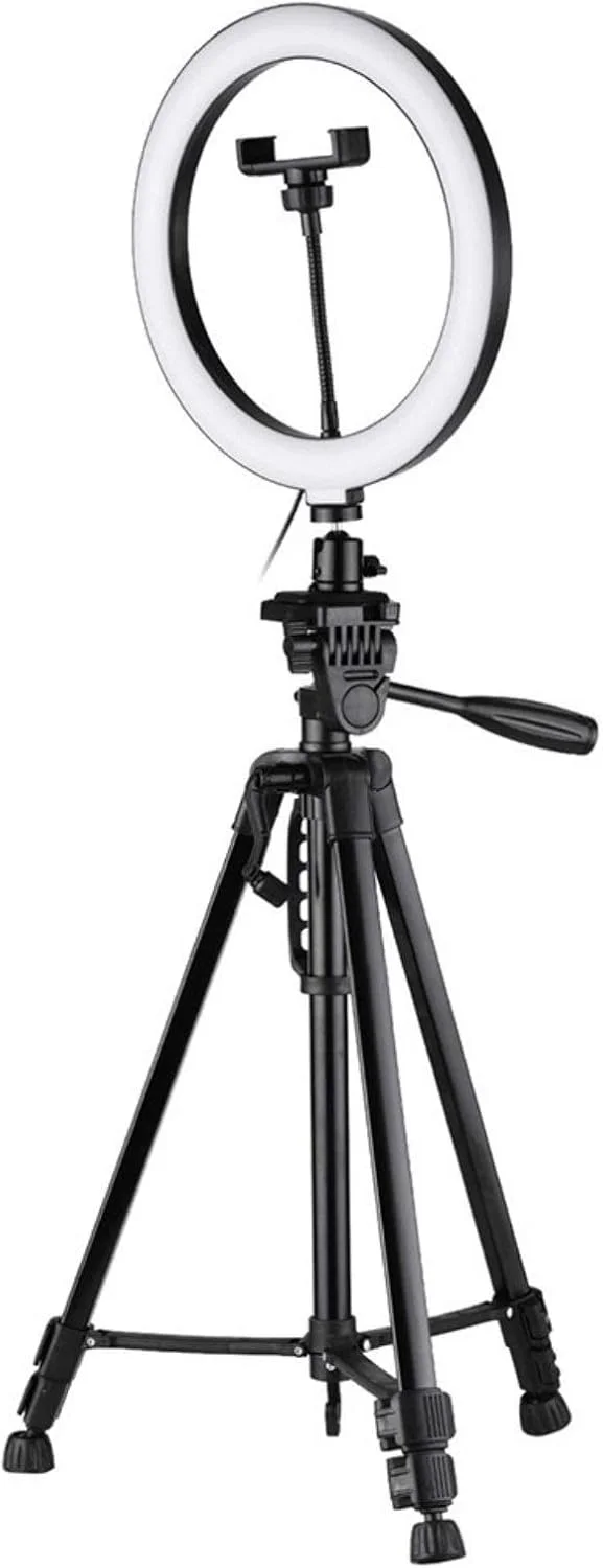 حلقه نور ال ای دی 10 اینچی با پایه سه پایه، نگهدارنده تلفن و شاتر از راه دور، نور 3 رنگ قابل تنظیم 2800K-5700K برای پخش زنده و آرایش (مشکی، 10 اینچ)