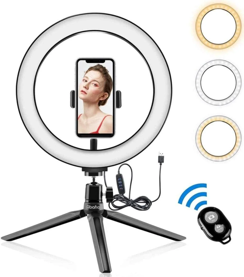 حلقه نور با پایه و نگهدارنده تلفن، چراغ سلفی با کنترل از راه دور بلوتوث و حلقه سه پایه LED با 3 حالت رنگی و 11 درجه روشنایی قابل تنظیم و چرخش حلقه