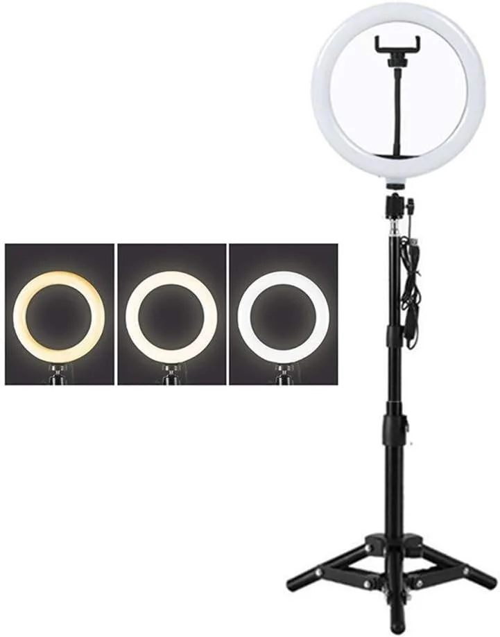نور حلقه ای ال ای دی 10 اینچی Samnuerly با پایه سه پایه و نگهدارنده تلفن، 3 حالت نور، سه پایه های جمع شونده، شارژ USB، برای ویدیوهای یوتیوب و آرایش (اندازه: 1.6 متر)