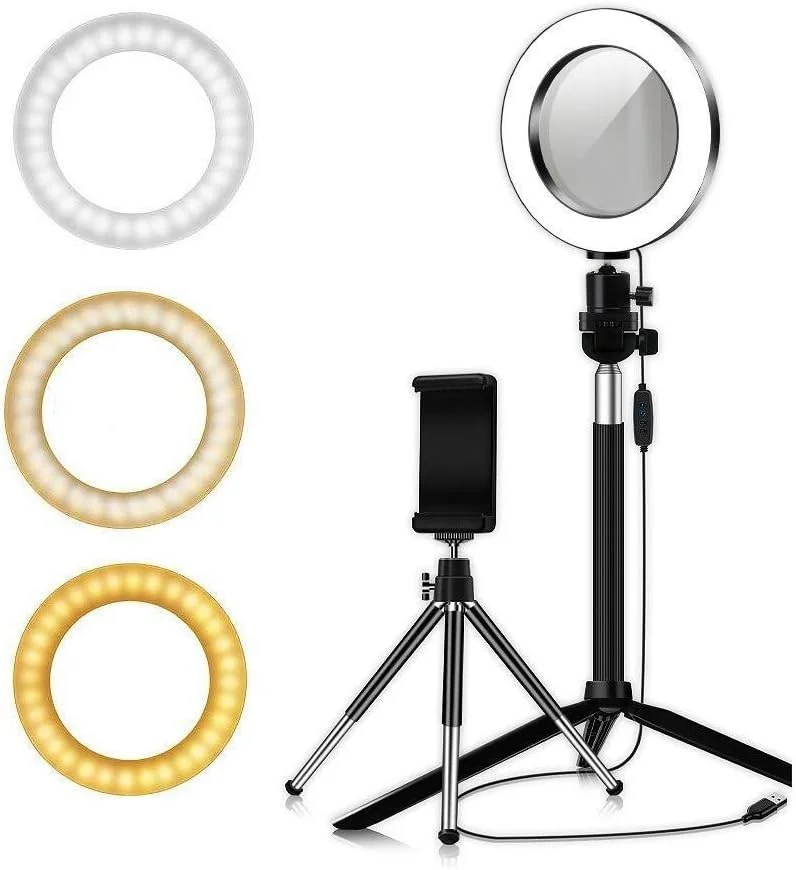 حلقه نور ال ای دی 8.7 اینچی با آینه آرایشی، پایه سه پایه و نگهدارنده انعطاف پذیر تلفن برای ویدیوهای یوتیوب و آرایش، لامپ ال ای دی رومیزی قابل تنظیم با نگهدارنده تلفن همراه، با میله سلفی
