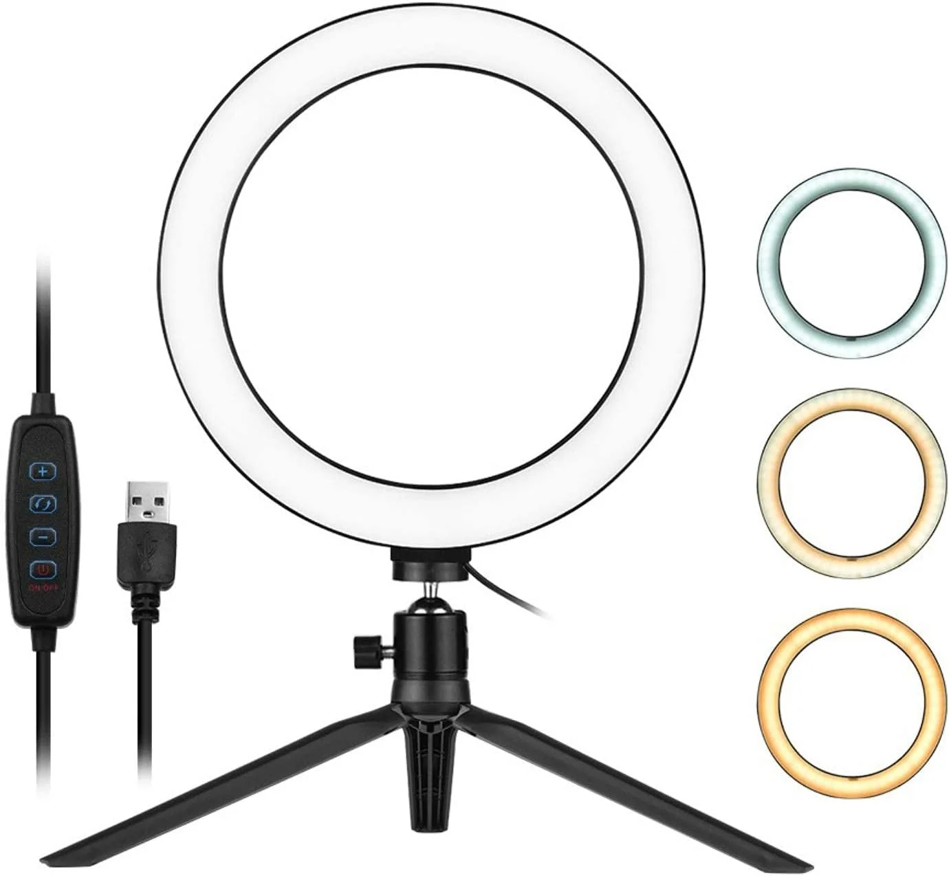 حلقه نور ال ای دی 8 اینچی Samnuerly با سه پایه کوچک، آداپتور سر توپی، 3200K-5500K، دارای قابلیت تنظیم نور، 3 حالت نور و 10 سطح روشنایی برای پخش زنده و آرایش (مشکی، 8 اینچ)