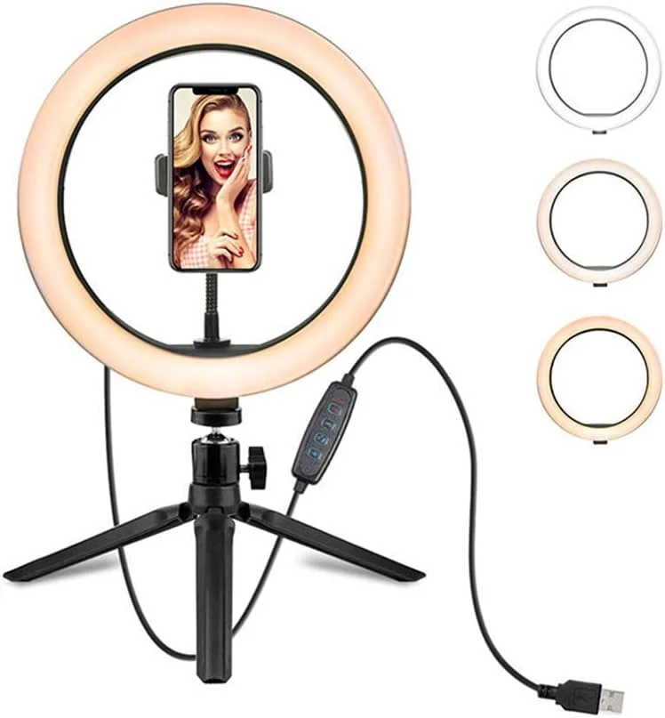 حلقه نور ال ای دی 10 اینچی با 3 حالت نور و 10 سطح روشنایی به همراه سه پایه و نگهدارنده تلفن همراه برای سلفی، آرایش، عکاسی و فیلمبرداری