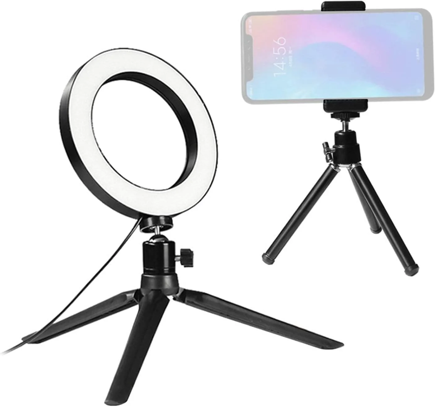 حلقه نور ال ای دی 6 اینچی با سه پایه و نگهدارنده تلفن، 3 رنگ، دمای 3500-6500K، 10 سطح نور قابل تنظیم برای پخش زنده و آرایش (مشکی، 6 اینچ)