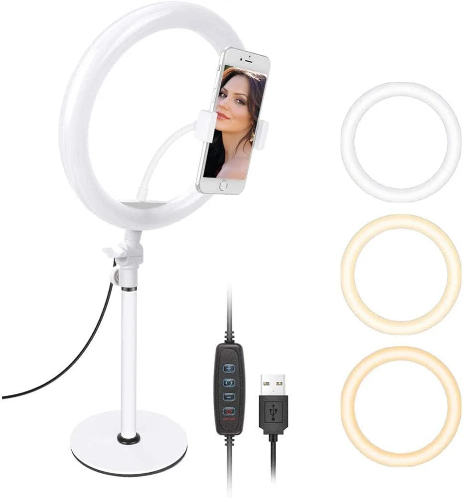 نور حلقه ای 10 اینچی Samnuerly، بهترین برای میز، نور حلقه ای سلفی با نگهدارنده تلفن همراه جهانی، 3 حالت نورپردازی LED، پایه ثابت، کابل USB برای آرایش، پخش زنده یوتیوب