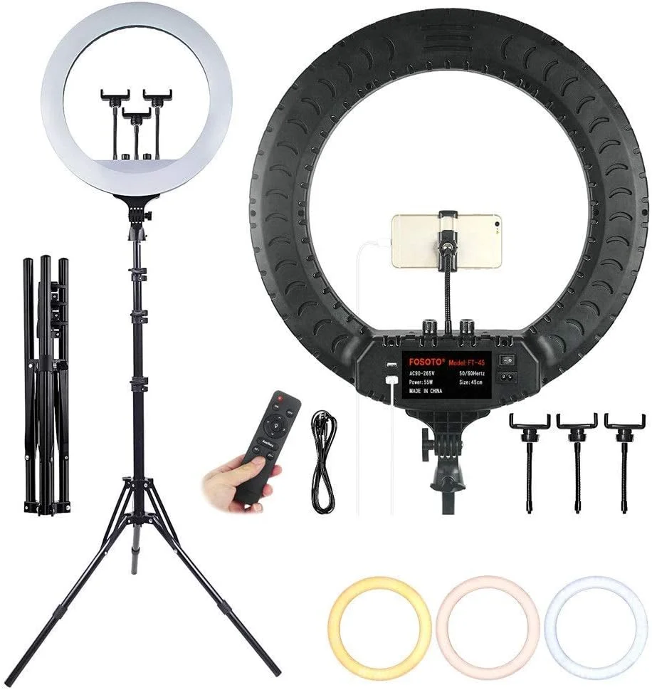 نور حلقه ای Samnuerly مناسب ویدیوهای زنده، آرایش، یوتیوب، نور LED حلقه ای 18 اینچی با دمای رنگ دوگانه برای عکاسی پرتره و ویدیو (مشکی، 60x10x50 سانتی متر)