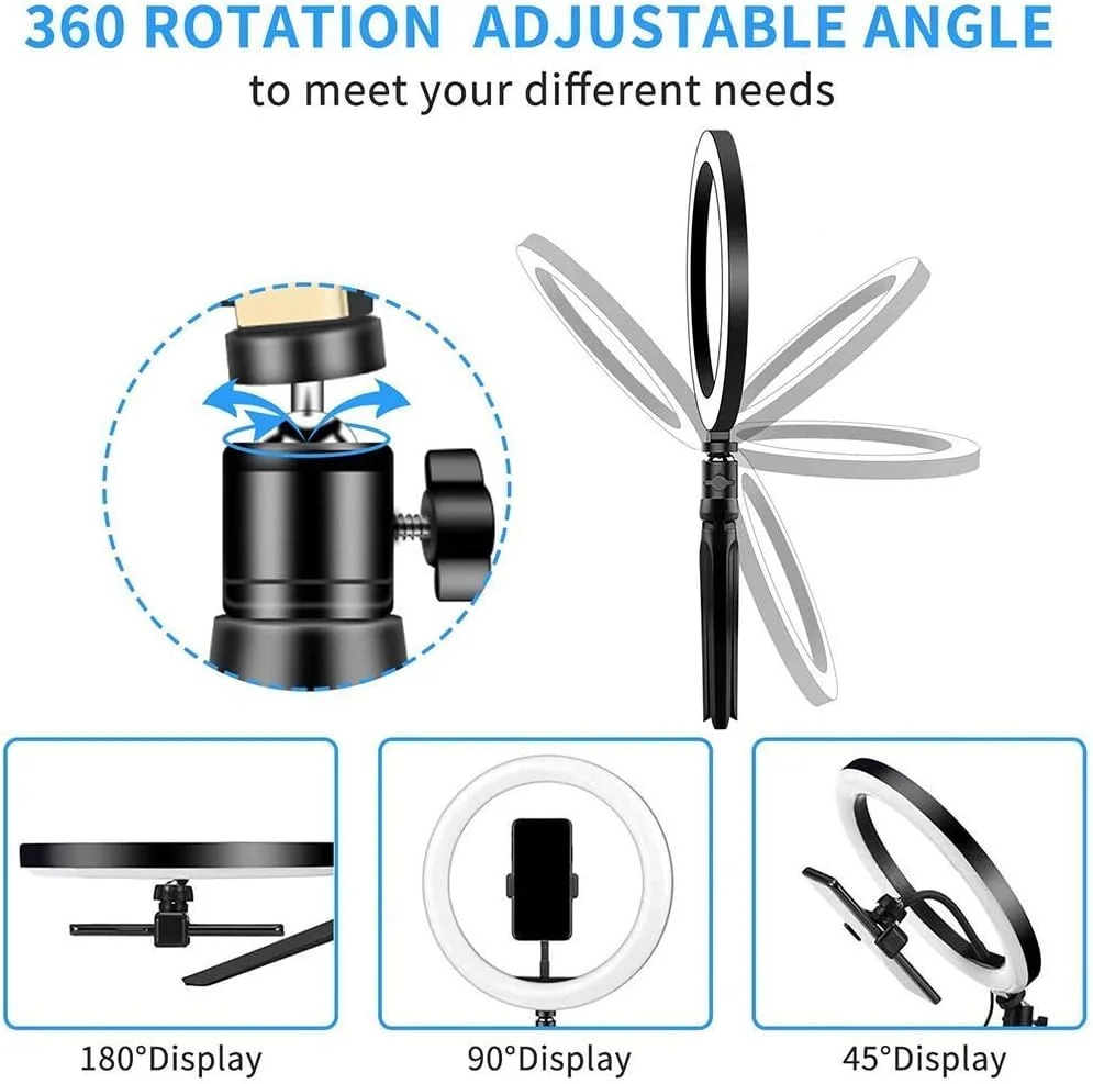 حلقه نور ال ای دی 10 اینچی با نگهدارنده انعطاف پذیر تلفن، پایه سه پایه، حلقه نور سلفی آرایش رومیزی با 3 حالت نور قابل تنظیم و 10 سطح روشنایی حلقه نور ال ای دی 10 اینچی با نگهدارنده انعطاف پذیر تلفن، پایه سه پایه، حلقه نور سلفی آرایش رومیزی با 3 حالت نور قابل تنظیم و 10 سطح روشنایی