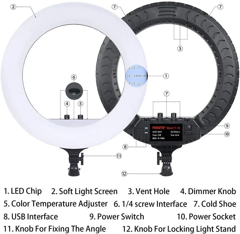 نور حلقه ای Samnuerly مناسب ویدیوهای زنده، آرایش، یوتیوب، نور LED حلقه ای 18 اینچی با دمای رنگ دوگانه برای عکاسی پرتره و ویدیو (مشکی، 60x10x50 سانتی متر)
