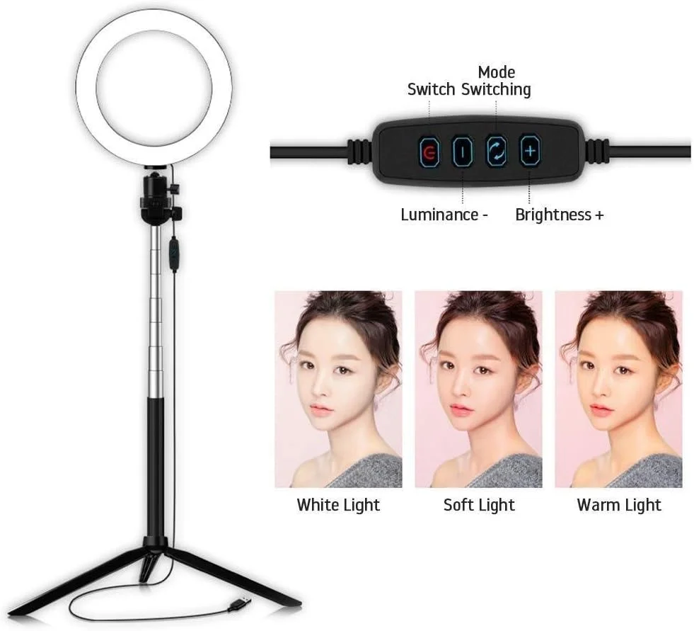 حلقه نور با پایه، 3 حالت رنگی و 10 سطح روشنایی برای یوتیوب، فیسبوک، پخش زنده، آرایش، ولاگ (14.5CM، 16CM، 20CM) سه گزینه (اندازه: 14.5CM)