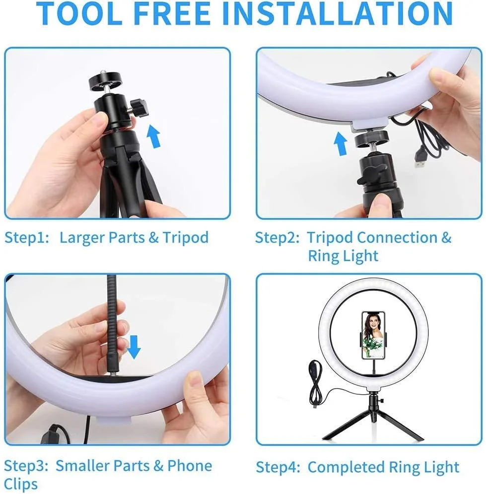 حلقه نور ال ای دی 10 اینچی با نگهدارنده انعطاف پذیر تلفن، پایه سه پایه، حلقه نور سلفی آرایش رومیزی با 3 حالت نور قابل تنظیم و 10 سطح روشنایی حلقه نور ال ای دی 10 اینچی با نگهدارنده انعطاف پذیر تلفن، پایه سه پایه، حلقه نور سلفی آرایش رومیزی با 3 حالت نور قابل تنظیم و 10 سطح روشنایی