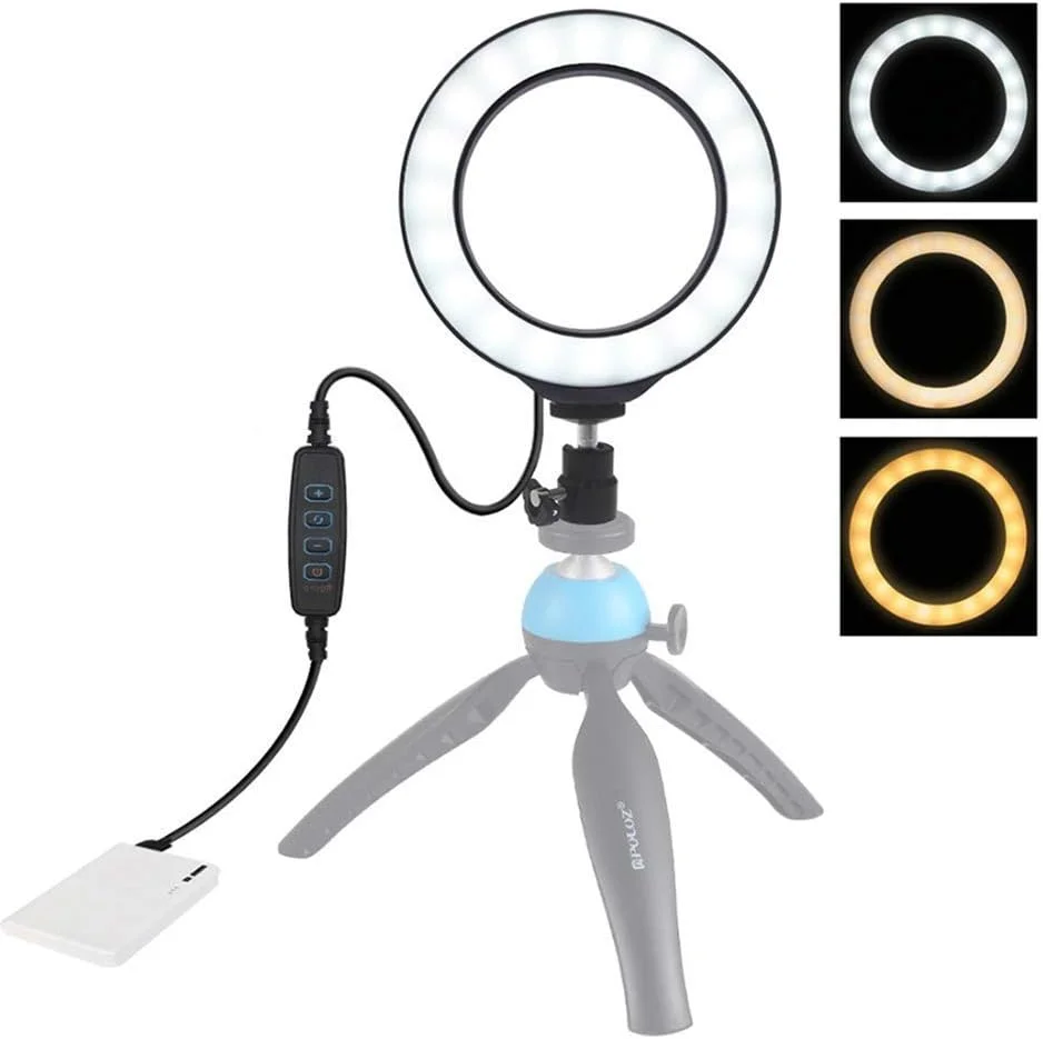 حلقه نور ال ای دی 6.2 اینچی با پایه سه پایه و نگهدارنده انعطاف پذیر تلفن، حلقه نور آرایشی رومیزی قابل تنظیم، با 3 حالت نور، 11 سطح روشنایی