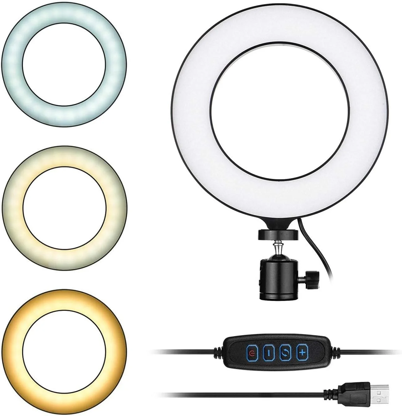 حلقه نور ال ای دی 6 اینچی با 3 حالت نورپردازی و 11 سطح روشنایی به همراه آداپتور توپی انعطاف پذیر برای پخش زنده و آرایش (مشکی، 6 اینچ)