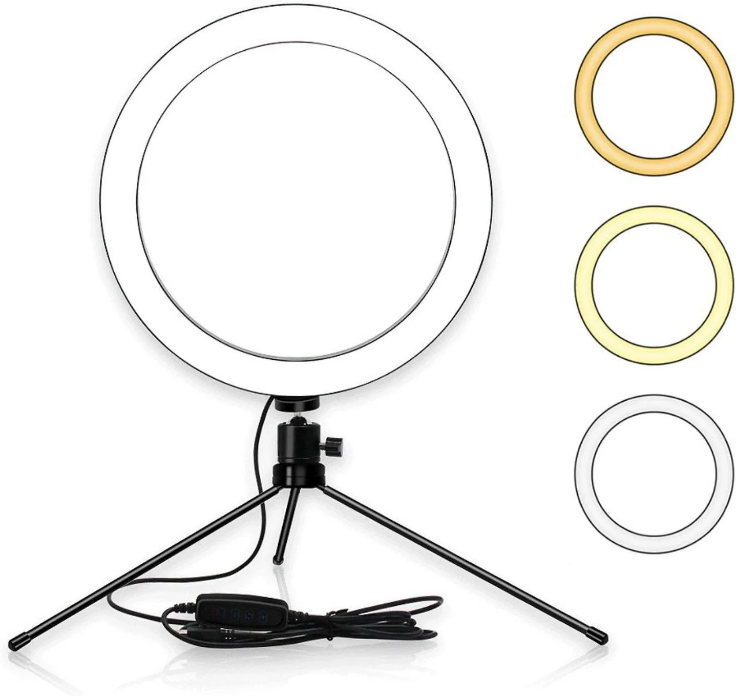 حلقه نور ال ای دی 8 اینچی با پایه سه پایه، 3200-5600K، 3 رنگ، 10 سطح روشنایی قابل تنظیم برای پخش زنده و آرایش (مشکی، 8 اینچ)