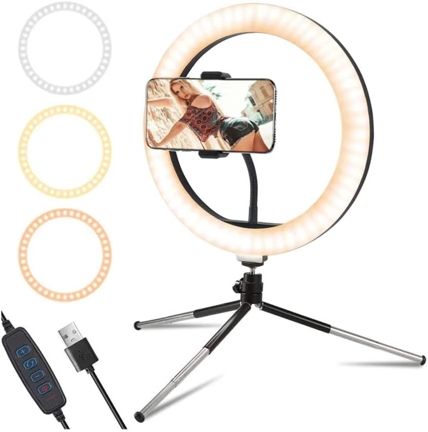 حلقه نور 10 اینچی Samnuerly با پایه سه پایه و نگهدارنده تلفن همراه، حلقه نور زیبایی LED قابل تنظیم برای پخش زنده، آرایش، ویدیوهای یوتیوب، عکاسی، 3 حالت نور و 10 سطح روشنایی