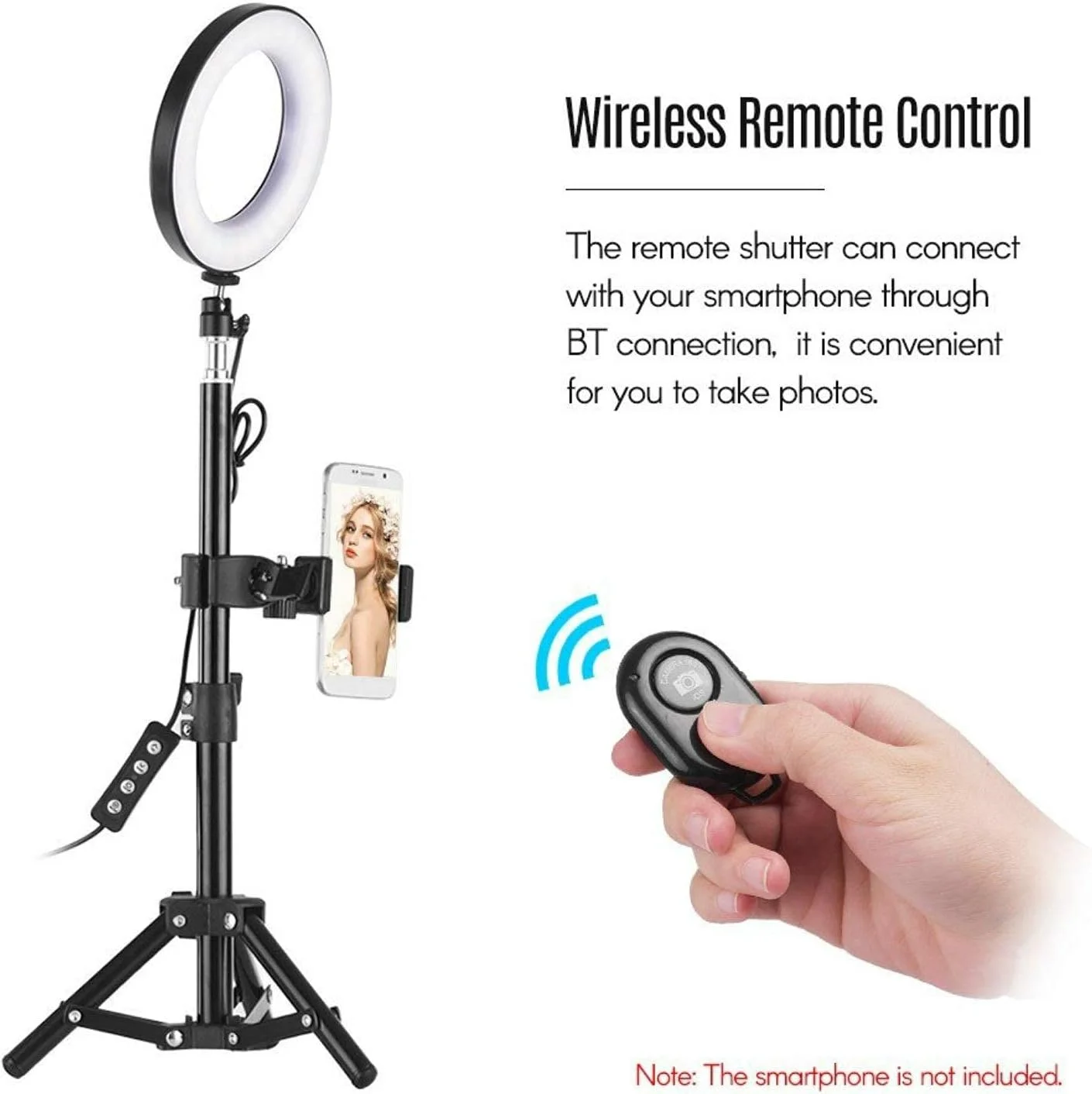 حلقه نور ال ای دی 6 اینچی با دمای رنگ 3000-6000 کلوین، 3 حالت نور، روشنایی قابل تنظیم با سه پایه، کنترل از راه دور و نگهدارنده تلفن همراه برای پخش زنده و آرایش (مشکی، 6 اینچ)