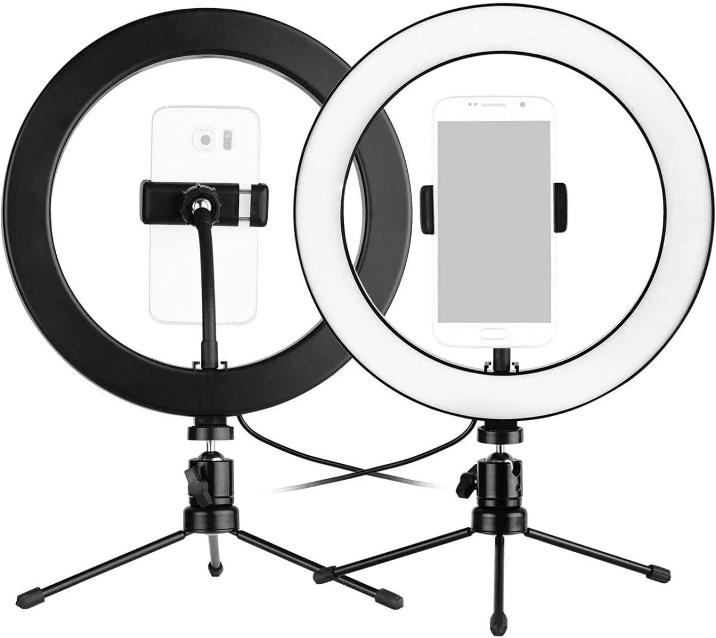 حلقه نور ال ای دی 10 اینچی با 3 حالت نورپردازی، با قابلیت تنظیم نور، تغذیه از طریق USB، دارای نگهدارنده تلفن، سه پایه و شاتر از راه دور برای پخش زنده و آرایش (مشکی، 10 اینچ)