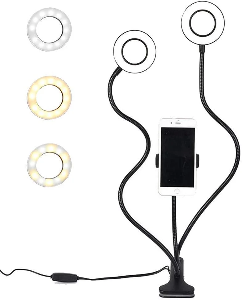 نگهدارنده تلفن همراه Samnuerly با نور حلقه ای LED و بازوی انعطاف پذیر، دارای 3 حالت نور و 10 سطح روشنایی برای ویدیوهای یوتیوب، پخش زنده، آرایش و عکاسی