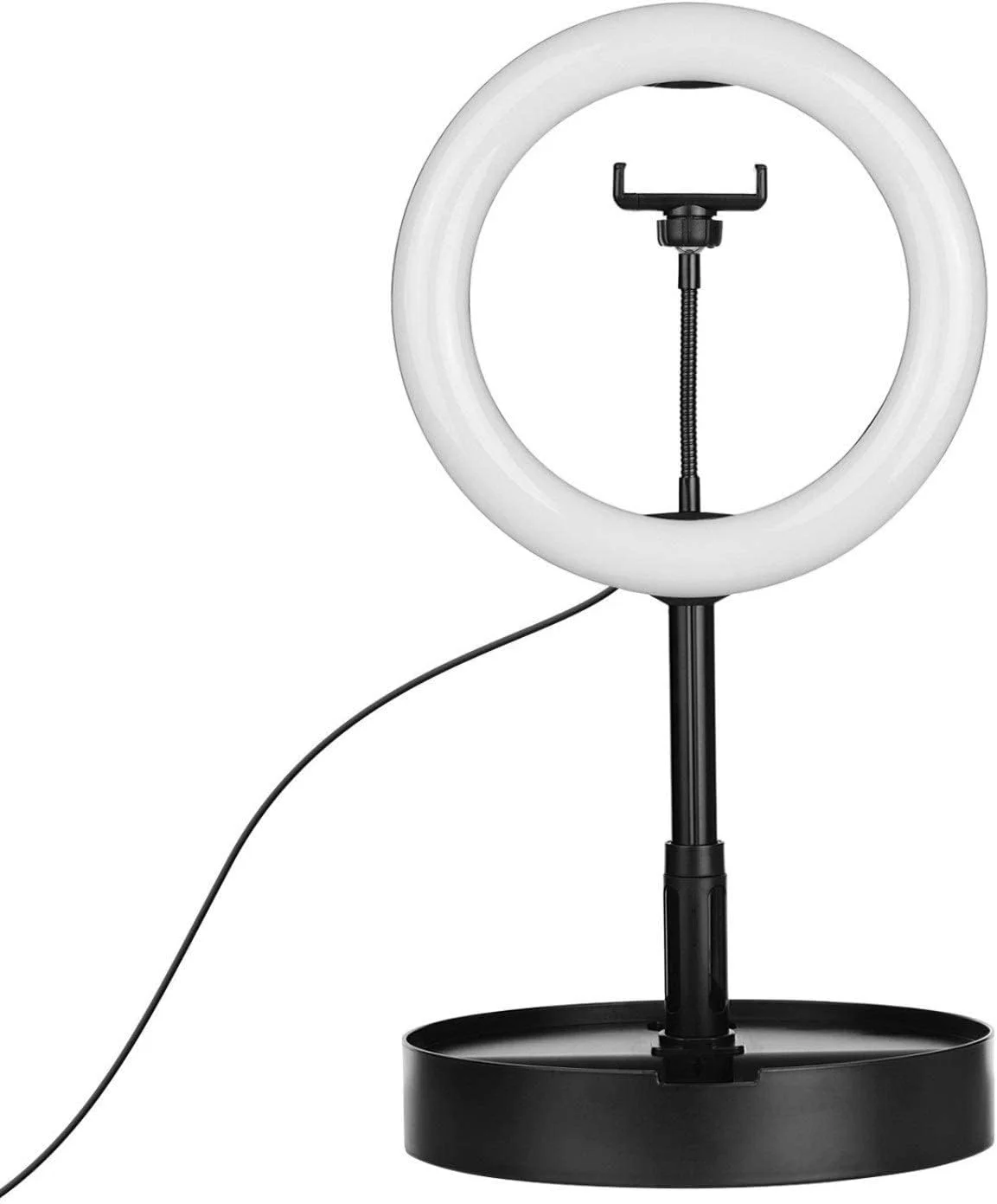 حلقه نور ال ای دی Samnuerly، حلقه نور ال ای دی 10 اینچی با پایه دیسکی شکل، تغذیه از طریق USB، نور پرکننده تاشو با نگهدارنده تلفن همراه و پایه نور قابل تنظیم برای پخش زنده و آرایش (مشکی، 10 اینچ)