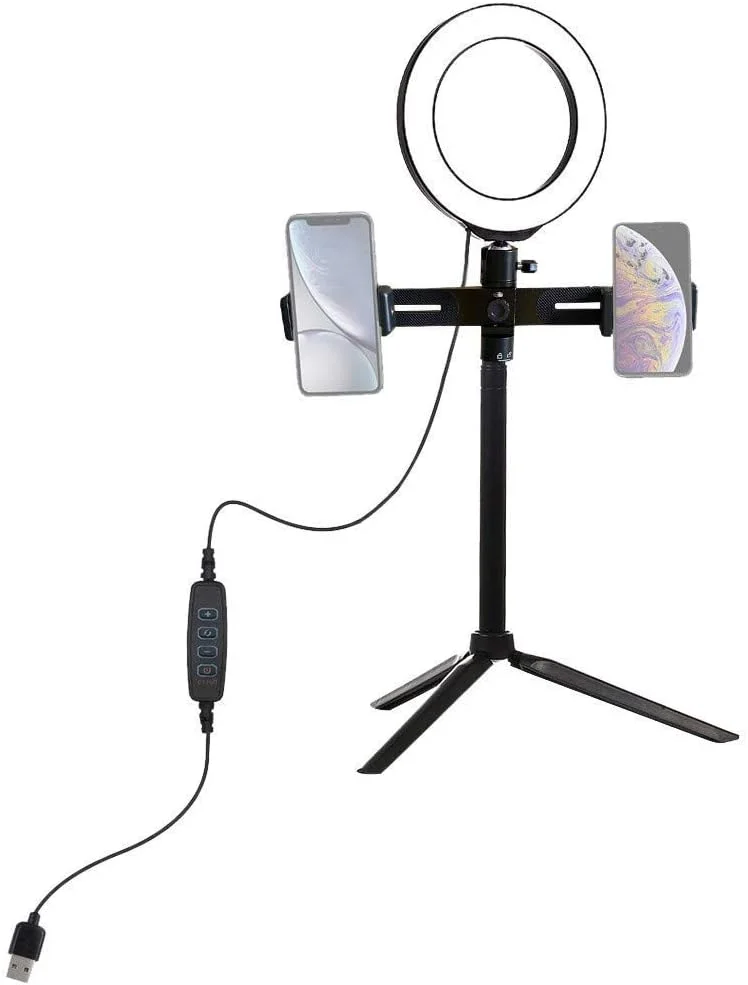 نور حلقه ای رومیزی کوچک 5 اینچی با پایه سه پایه و گیره نگهدارنده دوگانه تلفن، نور پرکننده سلفی LED قابل تنظیم قابل حمل برای ویدیوی یوتیوب، آرایش و پخش زنده، 3 حالت نور