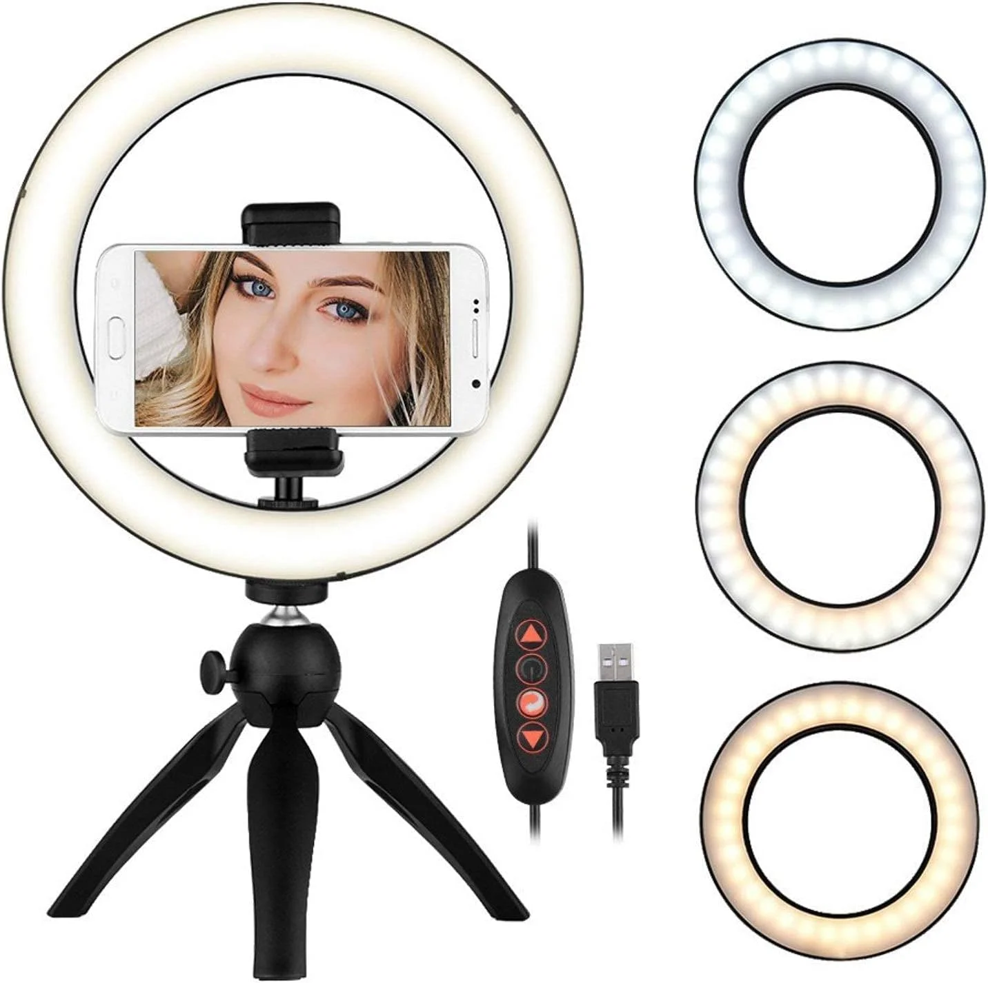 چراغ حلقه ای LED 8.6 اینچی با 3 حالت نور و روشنایی قابل تنظیم به همراه پایه نگهدارنده گوشی موبایل برای پخش زنده و آرایش (مشکی، 8.6 اینچ)