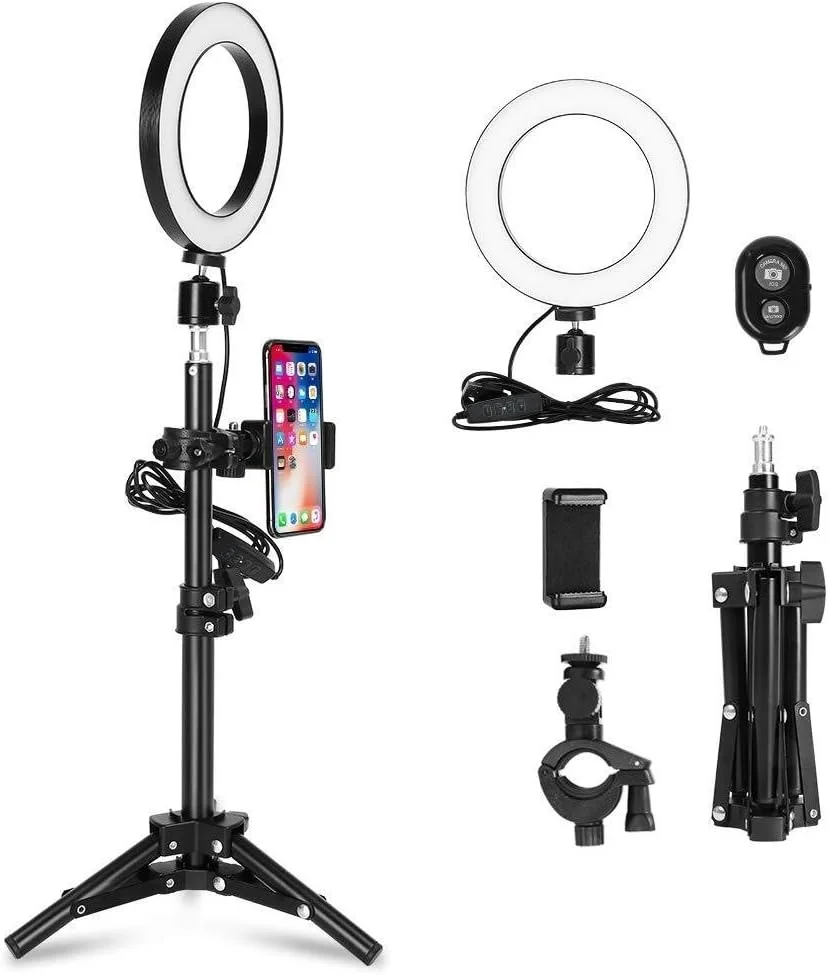 نور حلقه ای سلفی LED 6 اینچی با پایه سه پایه، نور حلقه ای 3 رنگ با دکمه و نگهدارنده تلفن و ریموت بلوتوث، شارژ USB، برای سلفی، ولاگ، پخش زنده، یوتیوب، فیلمبرداری با تلفن