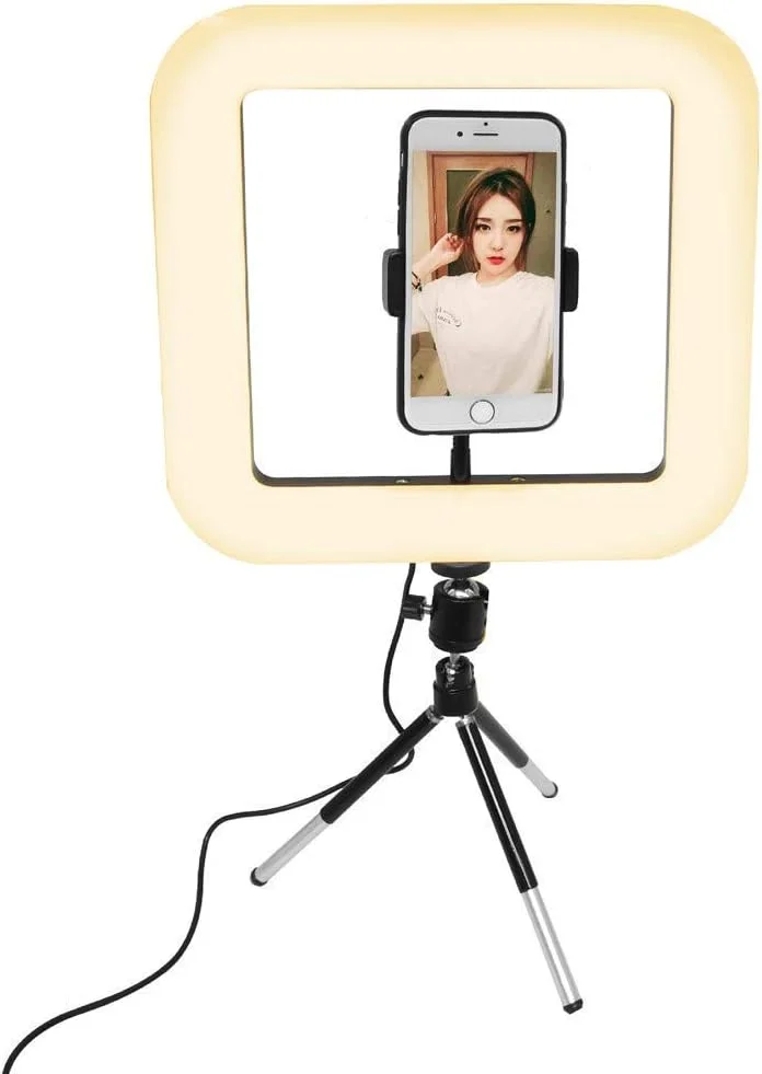 نور حلقه ای 11 اینچی با سه پایه، نور استودیویی 6000K با میله قابل تنظیم، هولدر یونیورسال گوشی، نور پرکننده مربعی برای عکس و فیلم، بدون خیرگی