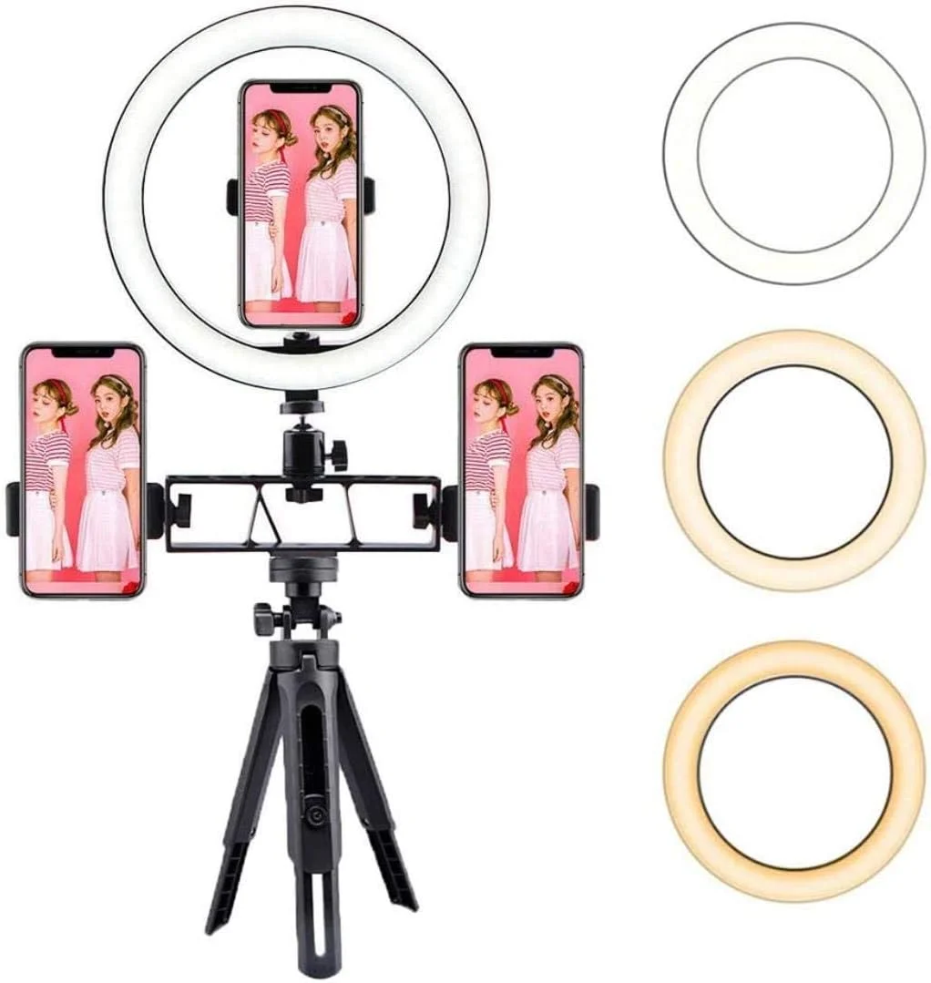 حلقه نور ال ای دی 10 اینچی با پایه و نگهدارنده تلفن، با سه پایه ال ای دی سه حالته قابل تنظیم نور، سه موقعیت دوربین برای سلفی/پخش زنده/عکاسی، کنترل بلوتوث