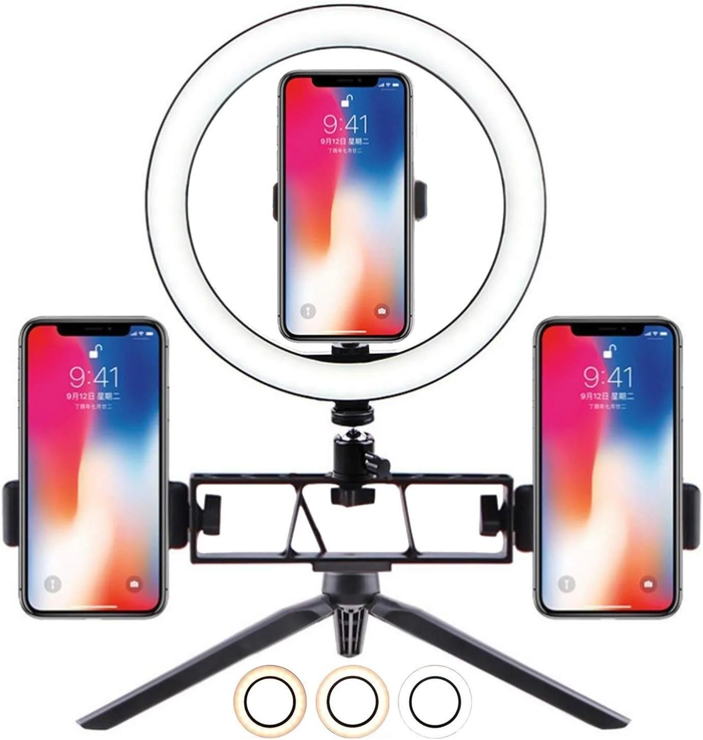 حلقه نور سلفی Samnuerly با پایه سه پایه، تغذیه از طریق USB، 3 حالت نور و روشنایی قابل تنظیم و غیره (رنگ: 2 نگهدارنده تلفن، اندازه: 26 سانتی متر)