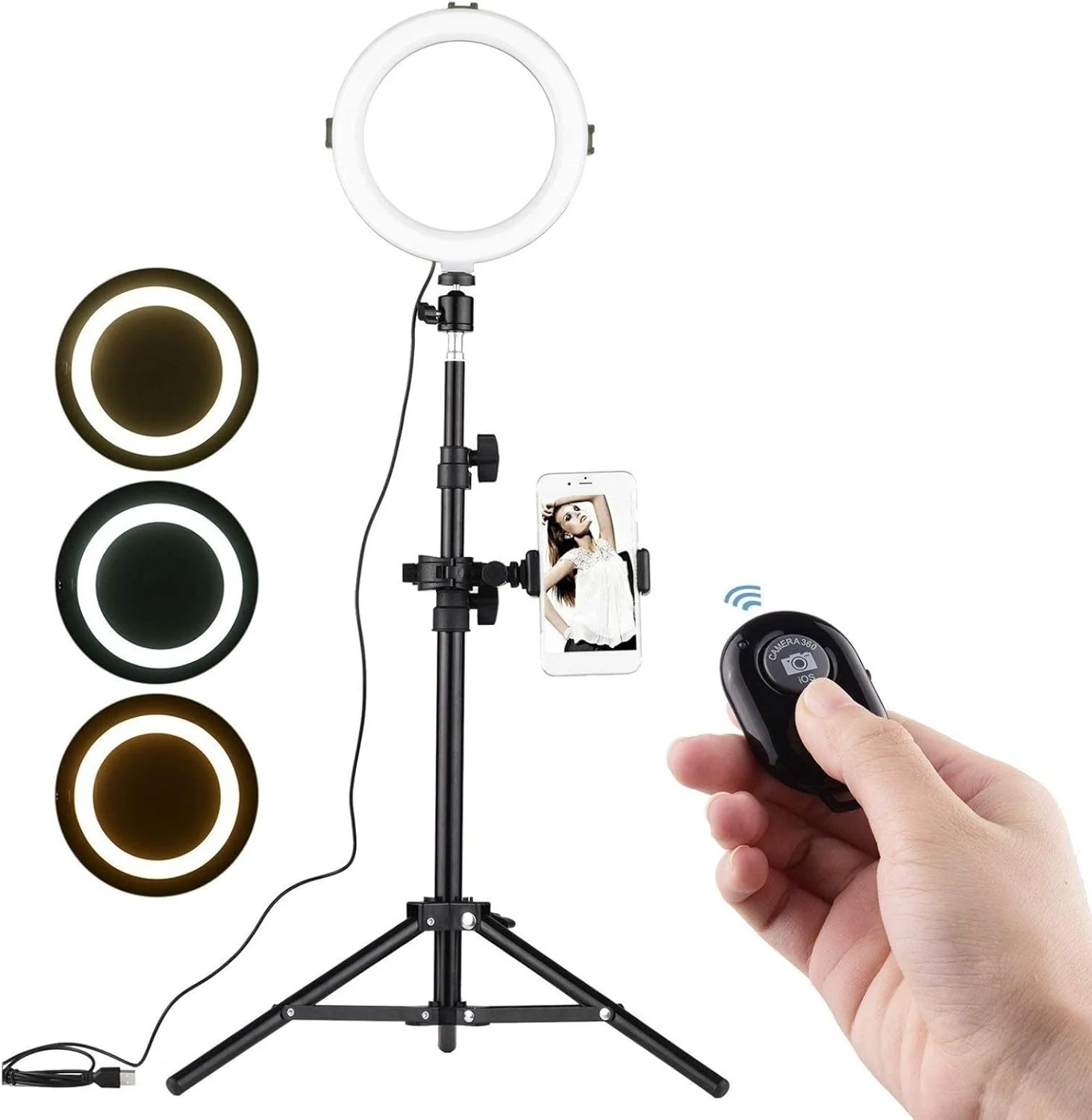 حلقه نور ال ای دی Samnuerly، حلقه نور ال ای دی 8 اینچی با 3 حالت نورپردازی، 3200-5600K، با قابلیت تنظیم نور، تغذیه از طریق USB، دارای نگهدارنده تلفن و آداپتور سر توپی برای پخش زنده و آرایش (مشکی، 8 اینچ)