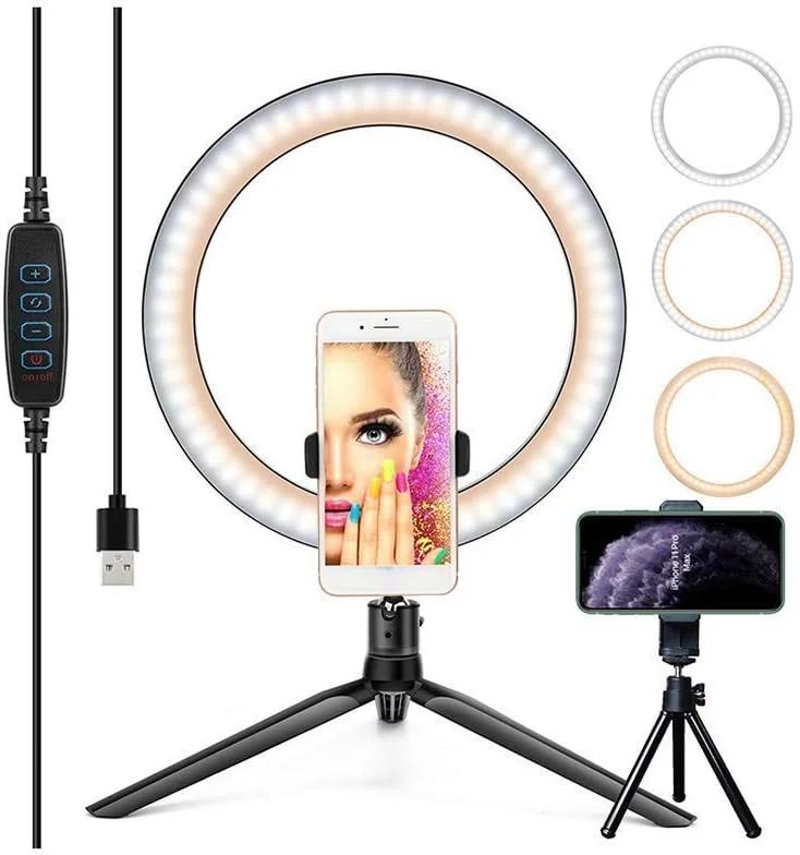 حلقه نور سلفی، حلقه LED تاشو حرفه ای 10 اینچی با 3 رنگ منبع نور قابل تنظیم، برای سلفی، پخش زنده، ضبط ویدیو، نور آرایش