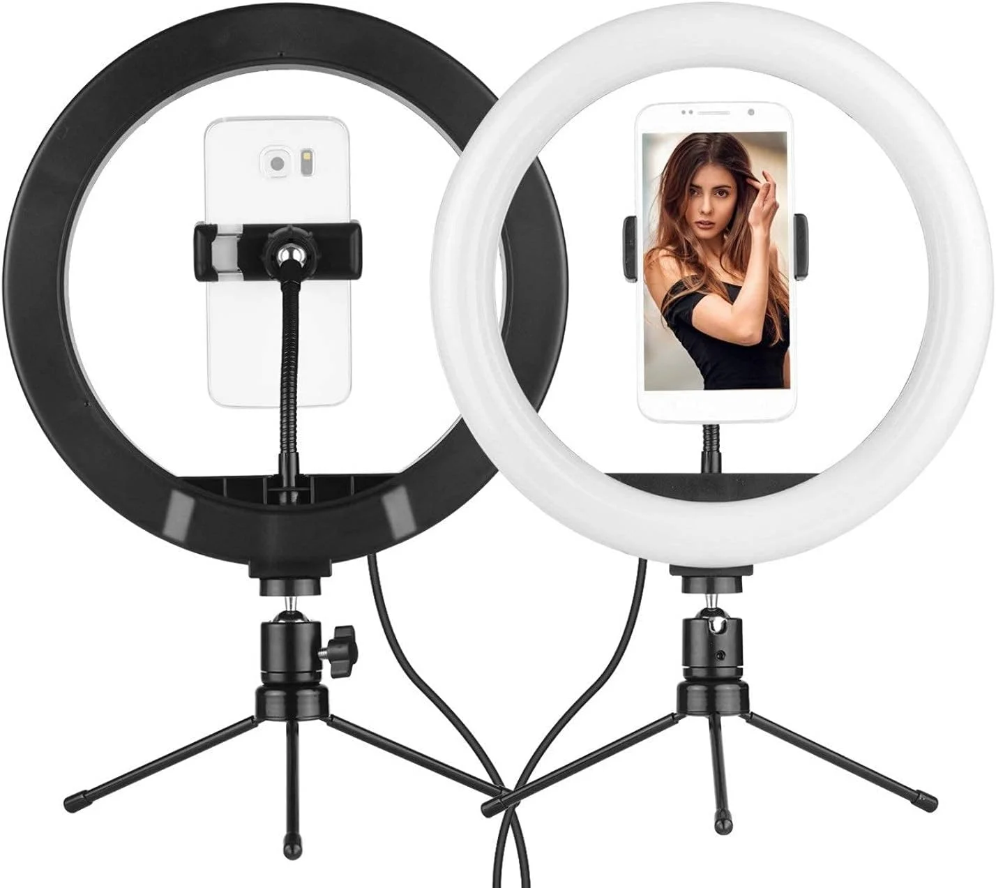 نور حلقه ای ال ای دی 10 اینچی با قابلیت تنظیم نور، دمای رنگ 2700-5500K به همراه هولدر موبایل و سه پایه مناسب برای پخش زنده و آرایش (مشکی، 10 اینچ)