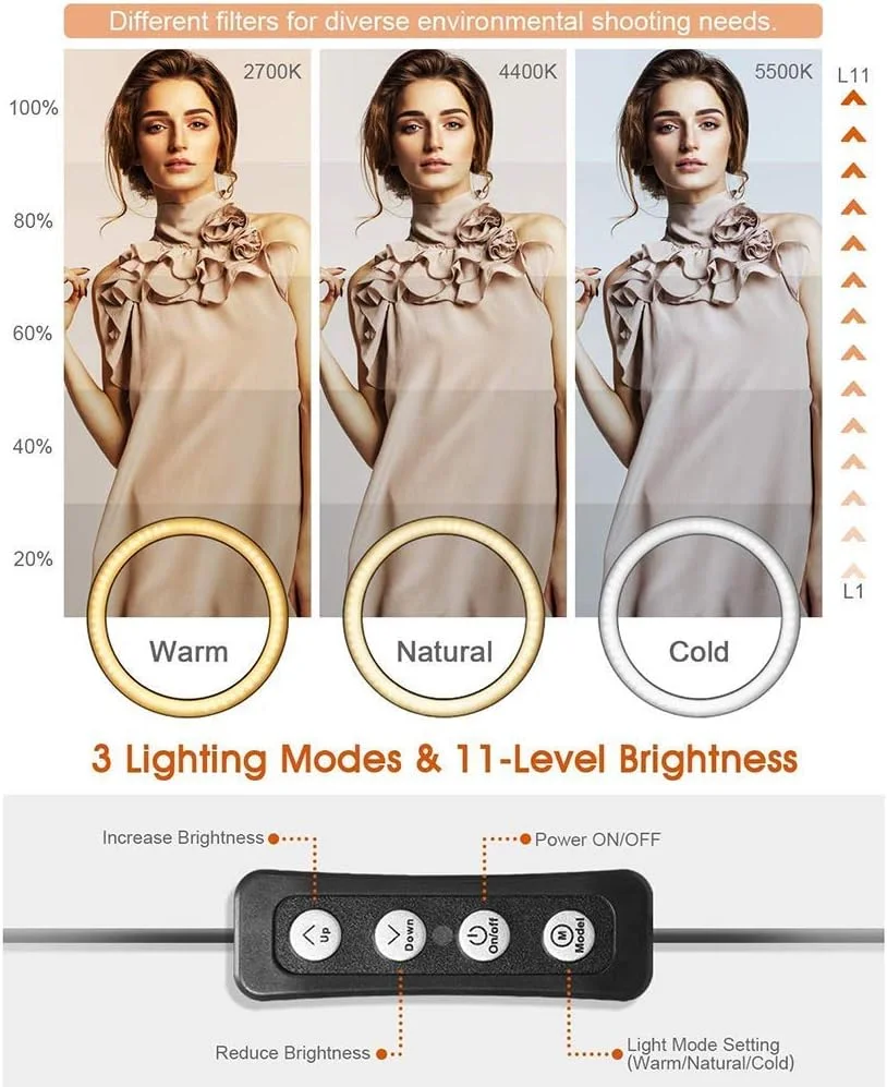 نور حلقه ای 10 اینچی سلفی، پایه نگهدارنده سه پایه، نگهدارنده تلفن همراه 120 لامپ دیمر دار مناسب برای ویدئو/پخش زنده/آرایش/عکاسی (10 اینچ)