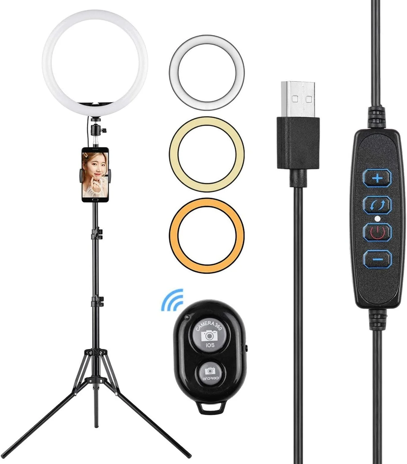 حلقه نور ال ای دی 12 اینچی با نگهدارنده تلفن، شاتر از راه دور، پایه نور سه پایه، 3 حالت دمای رنگ، تغذیه از طریق USB برای پخش زنده و آرایش (مشکی، 12 اینچ)